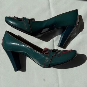 Tod’s Patent Leather Heeled Driving Loafers (Green/Red)